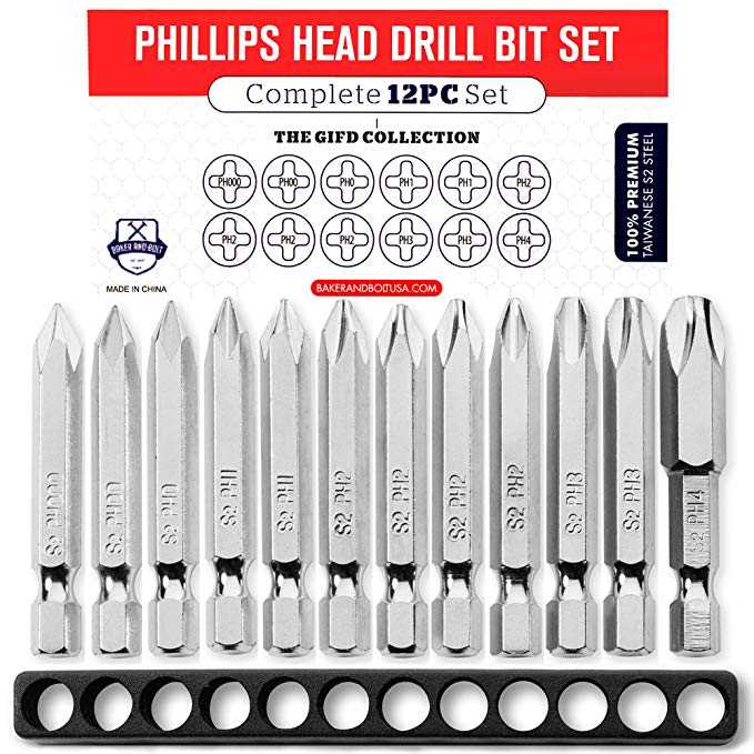 Phillips Screwdriver Drill Bit Set (12pc COMPLETE SET) PH #000 - PH #4 Hex Shank Magnetic Bit Set - Impact Ready/w Storage Case - Fortified S2 Steel - Long 2in Heads for Handheld and Electric Drills