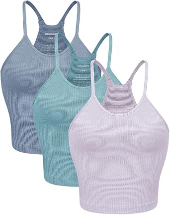 ODODOS Women's Crop 3-Pack Waffle Knit Seamless Camisole Cropped Tank Tops