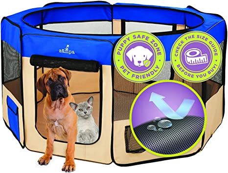 Zampa Portable Foldable Pet playpen Exercise Pen Kennel   Carrying Case for Larges Dogs Small Puppies/Cats | Indoor/Outdoor Use | Water Resistant