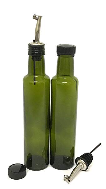 NiceBottles - Olive Oil Dispenser with Stainless Steel Flip Top Pourer, Dark Green, Round, 250ml - Pack of 2