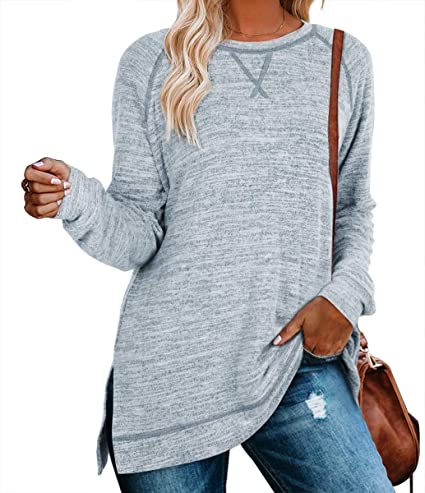 Aokosor Women's Long Sleeve Loose Casual Fall Pullover Side Split Tunic Tops