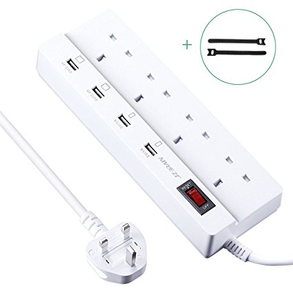 Extension Lead Surge protector Power Strip JZBRAIN 4 gangUK Outlet with 4 smart USB Ports 1.8m/5.9ft Power Extension Cord 3250W/13A (White)