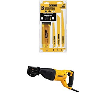 DEWALT DWE305 12 Amp Corded Reciprocating Saw with DW4898 Bi-Metal Reciprocating Saw Blade Set with Case, 10-Piece