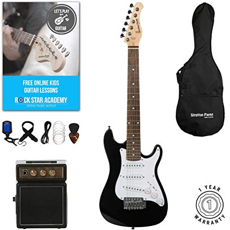 Stretton Payne 1/2 Size Electric Guitar with practice amplifier, padded bag, strap, lead, plectrum, tuner, spare strings. Guitar in Black