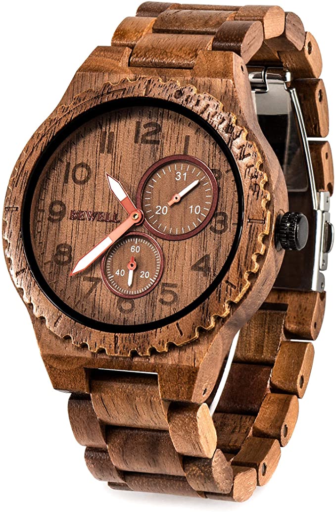 BEWELL Wood Watches for Men Analog Quartz Date Retro Handcraft Lightweight Wooden Wristwatch W154A