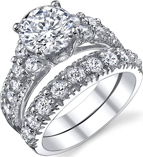 Solid Sterling Silver 925 Engagement Ring Set Bridal Rings with Cubic Zirconia