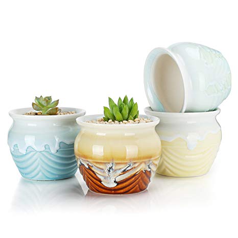 Greenaholics Succulent Plant Pots - 3.3 Inch Flowing Glaze Ceramic Pots, Cactus Planters, Flower Pots with Drainage Hole, 4 Colors, Set of 4