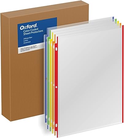 Oxford Sheet Protectors, Color Coded, 200/BX, Letter Size, Fits 3 Ring Binder, 5 Color Coded Edges, Clear Finish, Portrait Or Landscape Pages (89653)