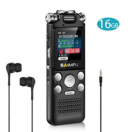 SAIMPU Voice Recorder Dictaphone 16gb Digital Voice Recorder with Mp3 Player Spy Voice Recorder Recording Device for Lectures, Professional Noise Reduction Rechargeable USB Voice Activated Recorder