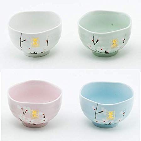 Japanese Traditional Ceramic Rice Bowl Set of 4 Cherry Blossom Sakura Assorted Colors Four Season Decorative Gift Pack Multi Purpose Attractive Design