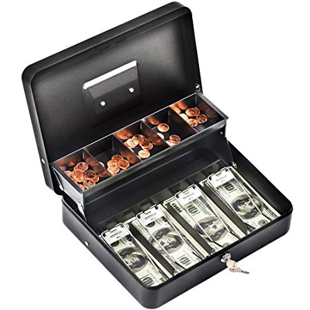 Cash Box with Money Tray Steel Cash Box with Lock 11.8"L x 9.5"W Black Money Box