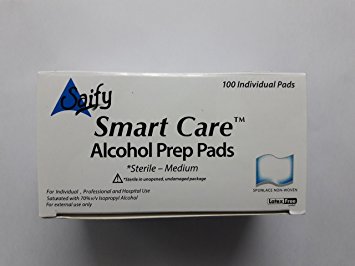 Smart Care Swabs Antiseptic Prep Wipes 100 Count Sterile Medium Pads Individually Sealed - Ideal for Pre-injection Skin Prepping. - Contains 70% Isopropyl Alcohol. 100 Count