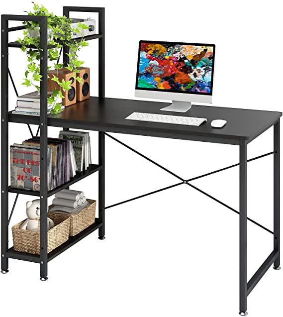 4NM Industrial Computer Desk with 4-Tier Bookcase, 47.24 inches Home Office Desk Writing Workstation Study Table Multipurpose Space-Saving Desk - All Black