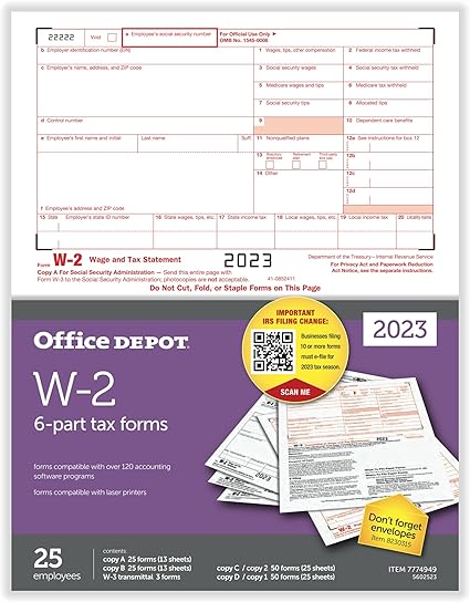 Office Depot® Brand W-2 Laser Tax Forms, 6-Part, 2-Up, 8-1/2" x 11", Pack of 25 Form Sets