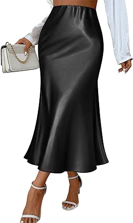 Zeagoo Womens Satin Skirt Thin High Waist Midi Skirt Flowy Silk Casual Skirts Mermaid Hem