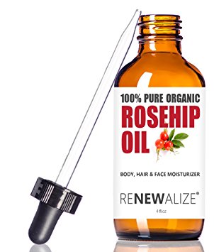 ORGANIC ROSEHIP SEED OIL by Renewalize in Large 4 OZ. Dark Glass Bottle with Glass Eye Dropper | Unrefined, Cold Pressed Oil | All Natural Moisturizer for Luxurious Hair, Skin and Nails