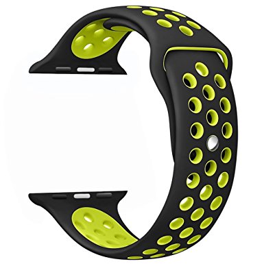 Yearscase 42MM Soft Silicone Sport Replacement Band with Ventilation Holes for Apple Watch Nike  and Apple Watch Series 1 2, M/L Size ( Black / Volt Yellow )