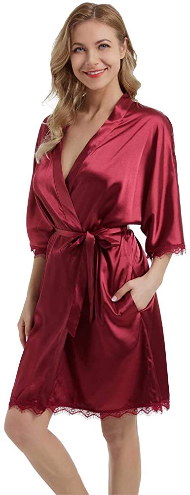 DIASHINY Women Satin Robe Long Pure Kimono Bath Robes 3/4 Sleeve Silky Bridesmaid Bathrobe