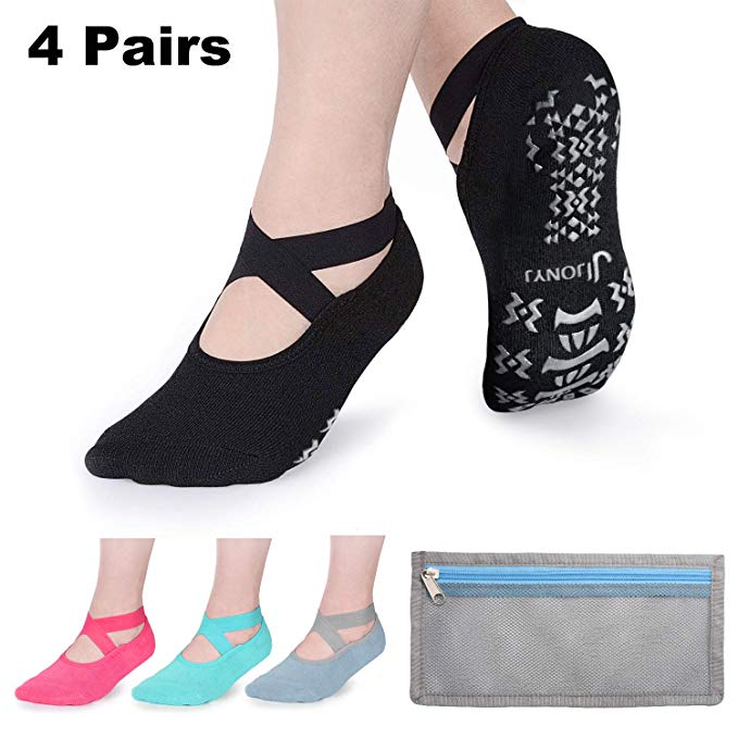 JONYJ Yoga Socks for Women Non-slip Socks with Grips Ideal for Pilates Ballet Dance Barre Barefoot Workout-4 Pairs