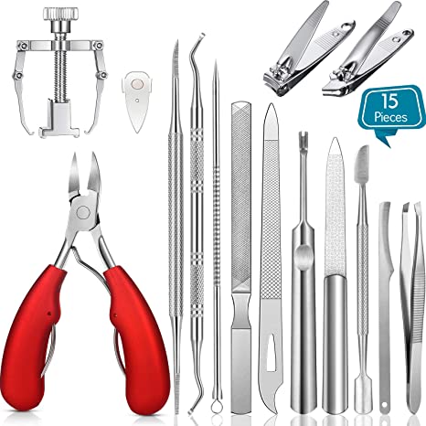 15 Pieces Ingrown Toenail Tools Stainless Steel Foot Nail Tools, Toenail File and Lifter, Nail Clipper, Cuticle Cutters, Cuticle Pusher and Manicure Pedicure Tools for Ingrown and Thick Nail (Red)