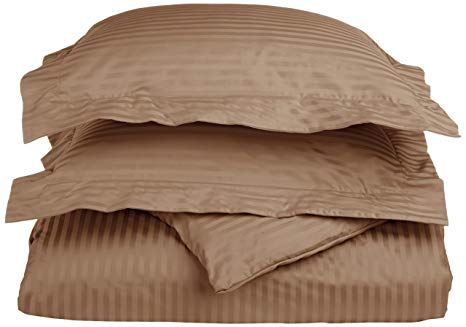 100% Egyptian Cotton 650 Thread Count Full/Queen 3-Piece Duvet Cover Set, Single Ply, Stripe, Taupe