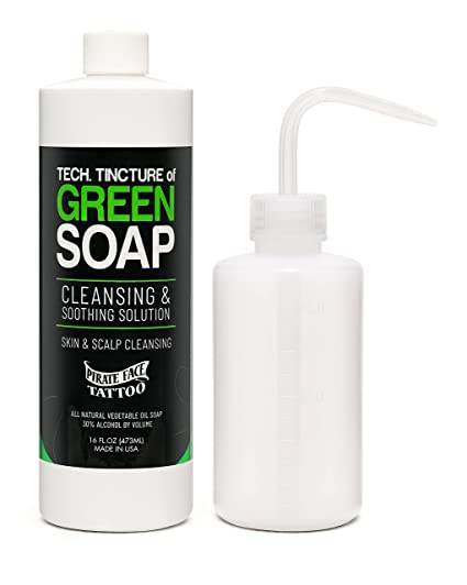 Pirate Face Tattoo Technical Tincture of Green Soap 1 Pint (16 Fl Oz)   8oz Squeeze Wash Bottle
