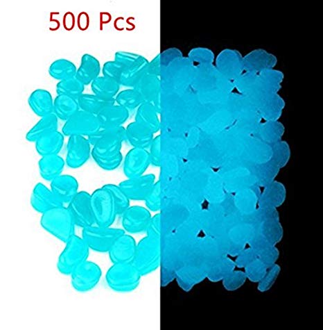 ASIBT 500 Pcs Glow in the Dark Stones,Garden Pebbles Rocks for Outdoor, Walkway, Window, Yard Grass, and Fish Tank Decoration（Blue）