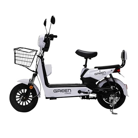 Green Udaan Electric Scooter for adults commuter with portable rechargeable battery, No RTO Registration or DL required, 30kms Range & 25kmph Power by 250W Motor, Comfortable Wider Deck E-Bike | White