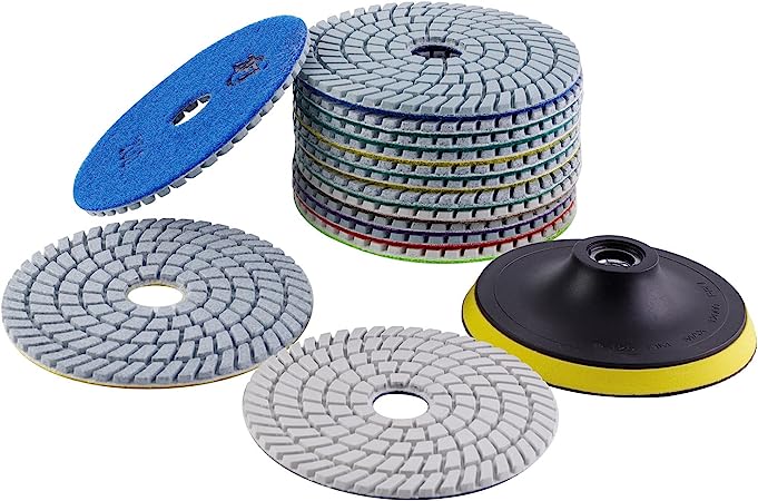 Diamond Wet Polishing Pads Set, 5 inch 15Pcs Pads for Granite Stone Concrete Marble Floor Grinder or Polisher, 50#-6000# with Hook & Loop Backing Holder Pads for Wet Polisher