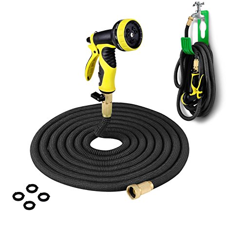 PLUSINNO Expandable Garden Water Hose FULL SET, Heavy Duty Expanding Hose Pipe with Shut Off Valve Solid Brass Connector, Hose Hanger and 9-pattern Spray Nozzle (50 Feet, Black)