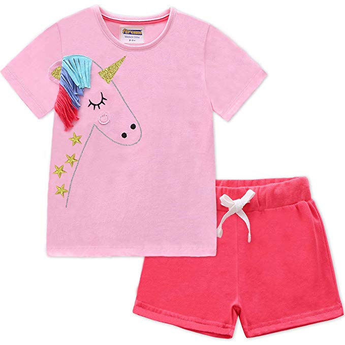 Fiream Girls Cotton Clothing Sets Summer Shortsleeve Unicorn T-Shirts Shorts 2 Pieces Clothing Sets