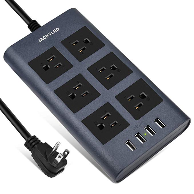 9.8ft Surge Protector Power Strip JACKYLED 15A 6 AC Wide Spaced Outlets 3.1A 4 USB Smart Ports Flat Plug 14AWG Heavy Duty Extension Cord for Home, Office, Dorm Room -Blue Black