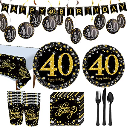 Trgowaul 40th Birthday Party Supplies - Gold Disposable Paper Plates, Napkins, Cups, Tablecover Forks, Knives and Spoons for 16 Guests and Party Supplies Decorations Banner