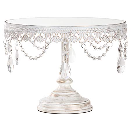 Anastasia Collection Antique White Washed 10 Inch Mirror Cake Stand with Glass Crystals, Round Metal Wedding Party Dessert Cupcake Pedestal Display