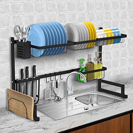 Over The Sink Dish Drying Rack, KINGSO 2 Tier Dish Rack Holder Stainless Steel Kitchen Non-Slip Dish Drying Drainer Rack w/Utensil Holder Hooks for Kitchen Counter Organization Storage Space Saver