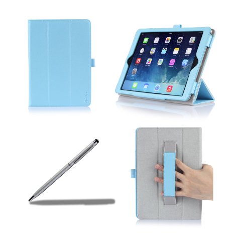 ProCase Apple iPad Air Protective Case with bonus stylus pen - Tri-Fold Leather Folio Cover for Apple iPad Air iPad 5 iPad 5th generation auto SleepWake built-in Stand Blue
