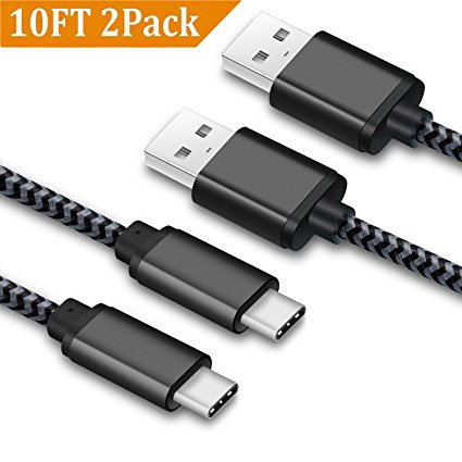 USB C Charger Cable 10ft for Samsung Galaxy S9/S8 Plus Note 8, Google Pixel/2 XL, LG V20 V30 G6 G5, Moto Z Force, Fast Charging USB Type C Nylon Braided Cord By BEST4ONE (2-Pack)