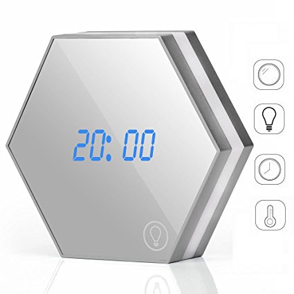 Huluwa Alarm Clock LED Makeup Mirror Rechargeable Table Lamp Multifuctional Digital Electronic Alarm Clock with Touch LED Eye Care Night Light (Silver)