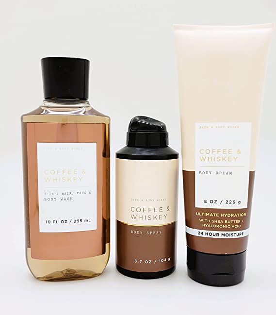 Coffee & Whiskey – For Men - 3 pc Bundle - 3-in-1 Hair, Face & Body Wash, Deodorizing Body Spray and Ultimate Hydration Body Cream – 2022