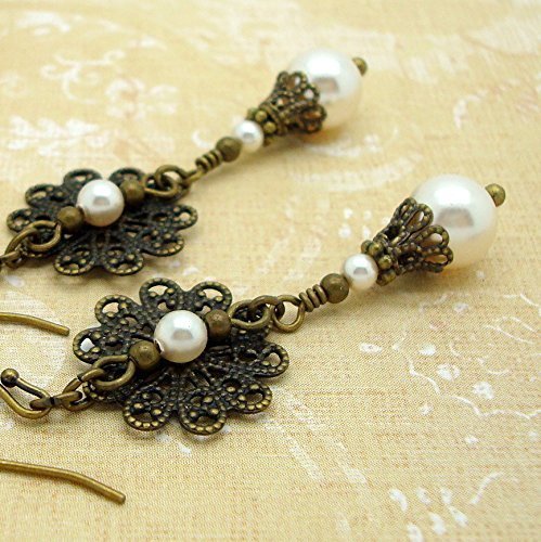 Neo Victorian Jewelry Style Swarovski Simulated Pearl and Brass Filigree Earrings