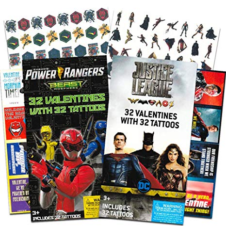 Justice League Superman Valentines Day Cards Super Set (64 Valentines Total -- 32 Superman Valentines, 32 Bonus Power Rangers Valentines)