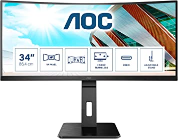 AOC CU34P2C 34 inch QHD Curved Monitor, 100Hz, 1ms, VA, USB-C, Height adjust, Flickerfree, Speakers (3440x1440 @ 100Hz, 300 cd/m², HDMI/DP/USB-C)