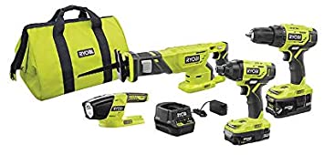 Ryobi P1818 18-Volt ONE  Lithium-Ion Cordless 4-Tool Combo Kit with (2) Batteries, 18-Volt Charger, and Bag