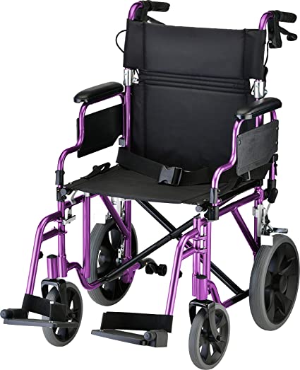 NOVA Lightweight Transport Chair with Locking Hand Brakes, 12" Rear Wheels, Removable & Flip Up Arms for Easy Transfer, Anti-Tippers Included, Purple