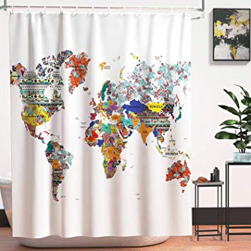 Cirlife Shower Curtain Art Printed World Map with 12pcs Curtain Hooks, Waterproof Thick Fabric Shower Curtains for Bathroom, Heavy Duty 71x 71 Inch