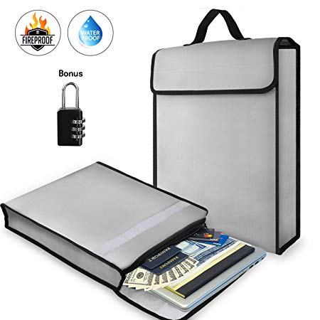 Fireproof Document Bag | PAPAMA Large Fireproof Waterproof Pouch Dual Layer with Silicone Coating | Zipper Closure Safe Organizer for Money, Documents, Jewelry, and Passport | Padlock Included