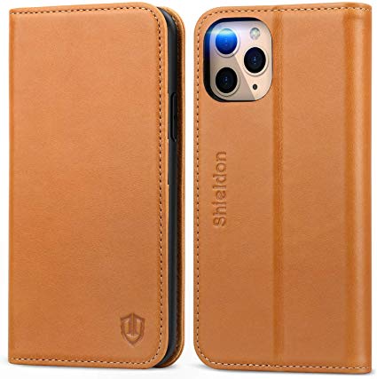 SHIELDON iPhone 11 Pro Max Case, Auto Sleep Wake Wallet Case, Genuine Leather Flip Book Design Case with Kickstand ID Card Slot Magnetic Closure Compatible with iPhone 11 Pro Max (6.5 Inch) - Brown
