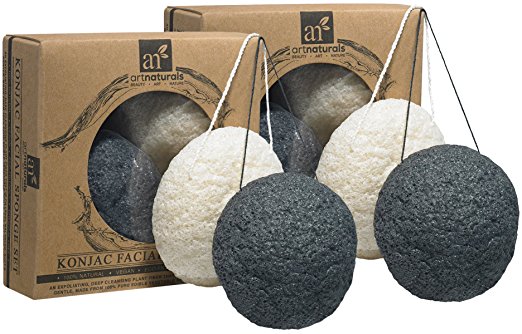 Art Naturals Konjac Facial Sponge 4 Pack - (2 Charcoal Black & 2 Natural White)100% Natural Great for Sensitive, Oily & Acne Prone Skin -Beauty Facial Scrub for gentle deep cleaning & exfoliation