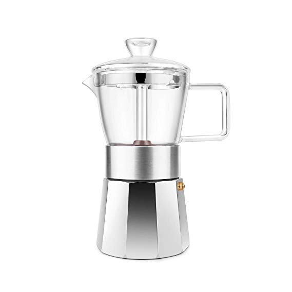 GEESTA Premium Crystal Glass-Top Stovetop Espresso Moka Pot - 6 cup - Coffee Maker with Durable Food-Grade Aluminum Bottom and Retro Shape
