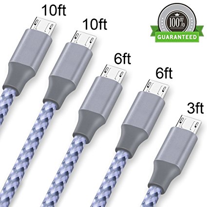 Micro USB Cable,ONSON 5Pack 3FT/6FT/6FT/10F/10FT Long Premium Nylon Braided Android Charger USB to Micro USB Charging Cable Samsung Charger Cord for Samsung Galaxy S7 Edge/S7/S6/S4/S3,Note 5/4/3-Grey